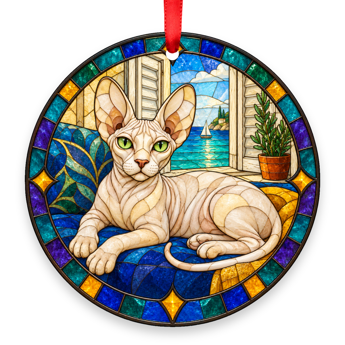Sphynx Pale Cream stained glass style porcelain Christmas ornament with red ribbon
