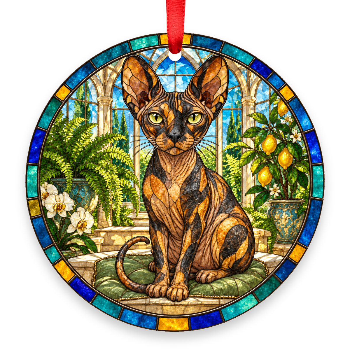 Sphynx Tortie stained glass style porcelain Christmas ornament with red ribbon