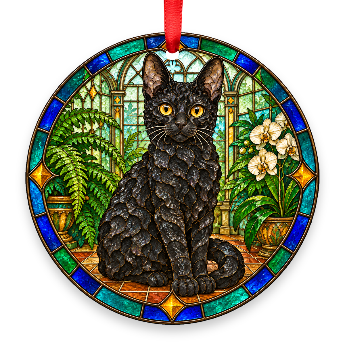Tennessee Rex Black stained glass style porcelain Christmas ornament with red ribbon