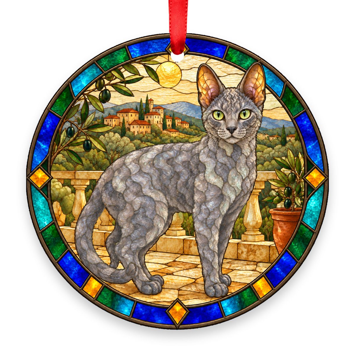 Tennessee Rex Blue stained glass style porcelain Christmas ornament with red ribbon