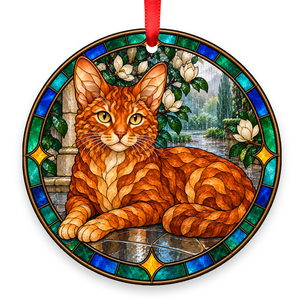 Tennessee Rex Red stained glass style porcelain Christmas ornament with red ribbon