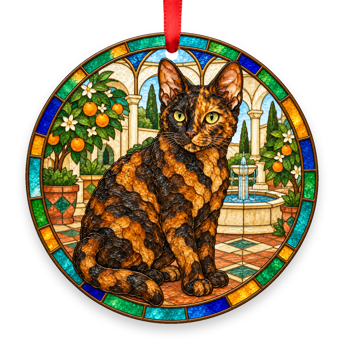 Tennessee Rex Tortie stained glass style porcelain Christmas ornament with red ribbon