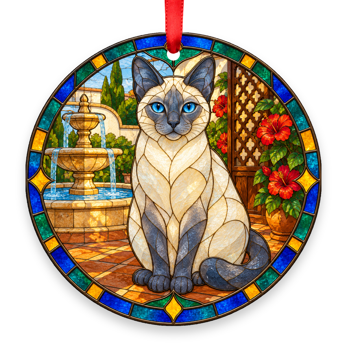 Thai Blue Point stained glass style porcelain Christmas ornament with red ribbon