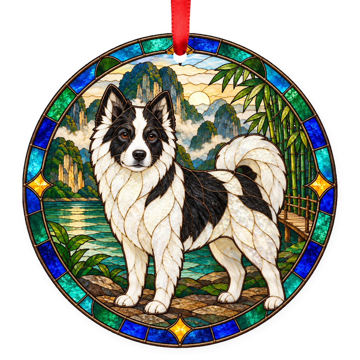 Thai Bangkaew Dog stained glass ornament mockup - White and Black