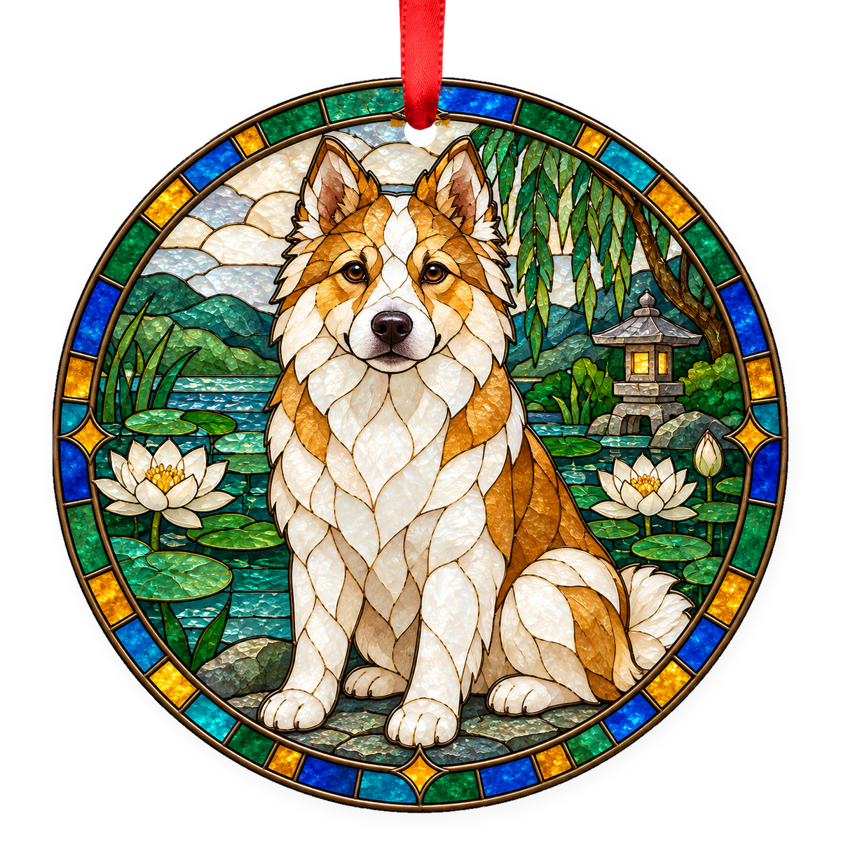 Thai Bangkaew Dog stained glass ornament mockup - White and Fawn
