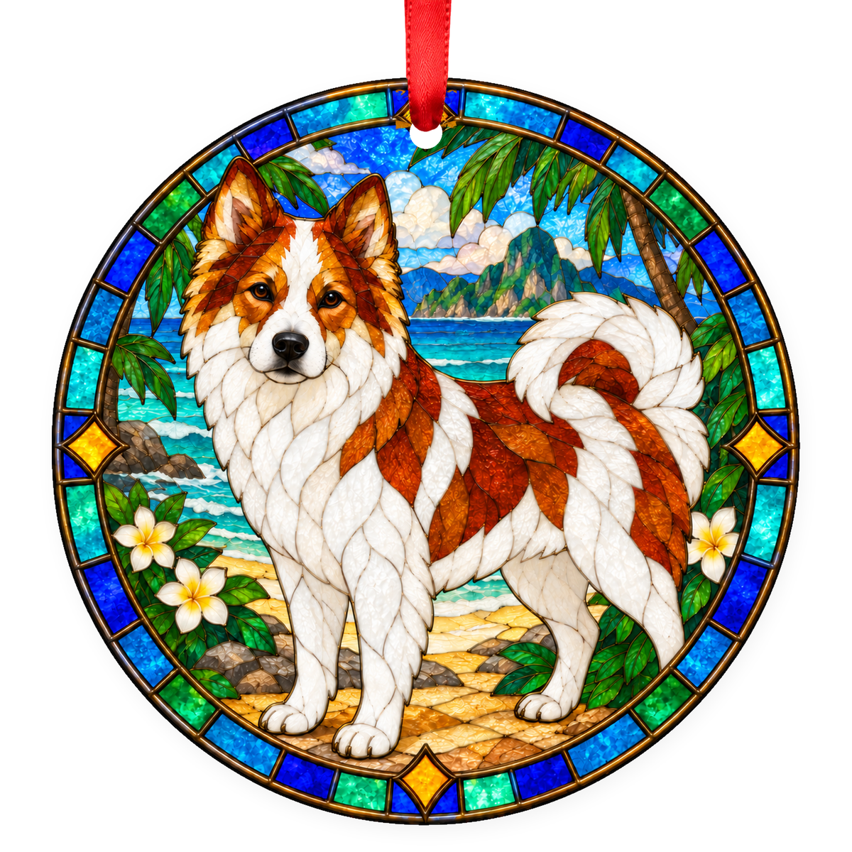 Thai Bangkaew Dog stained glass ornament mockup - White and Red