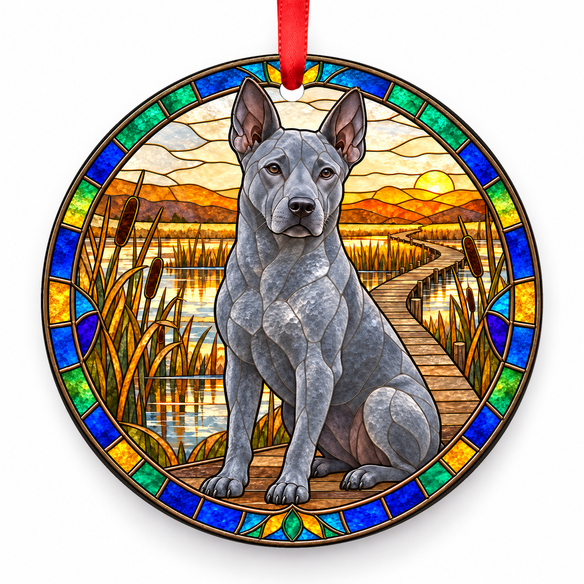 Blue Thai Ridgeback Dog stained glass style porcelain Christmas ornament with red ribbon