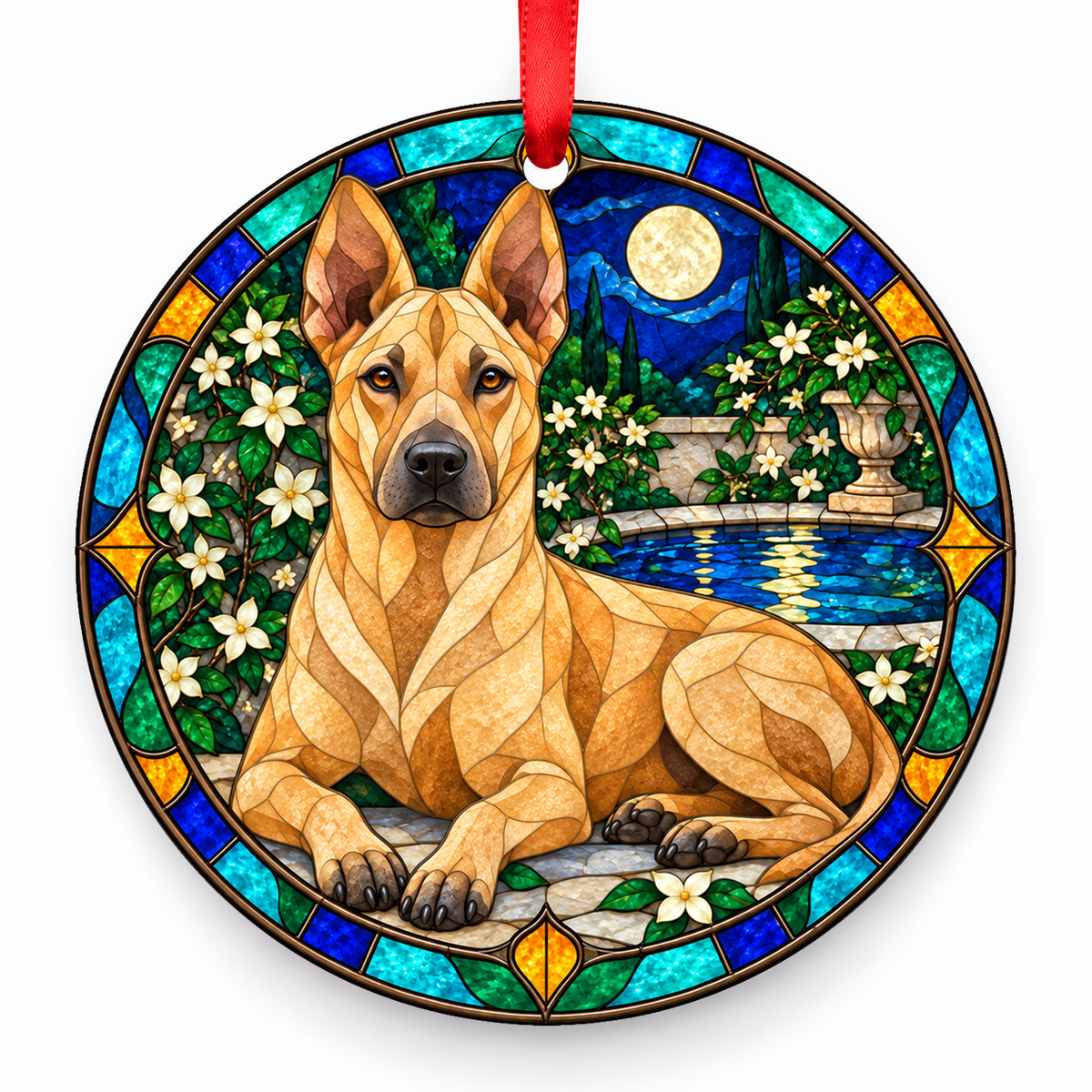 Fawn Thai Ridgeback Dog stained glass style porcelain Christmas ornament with red ribbon