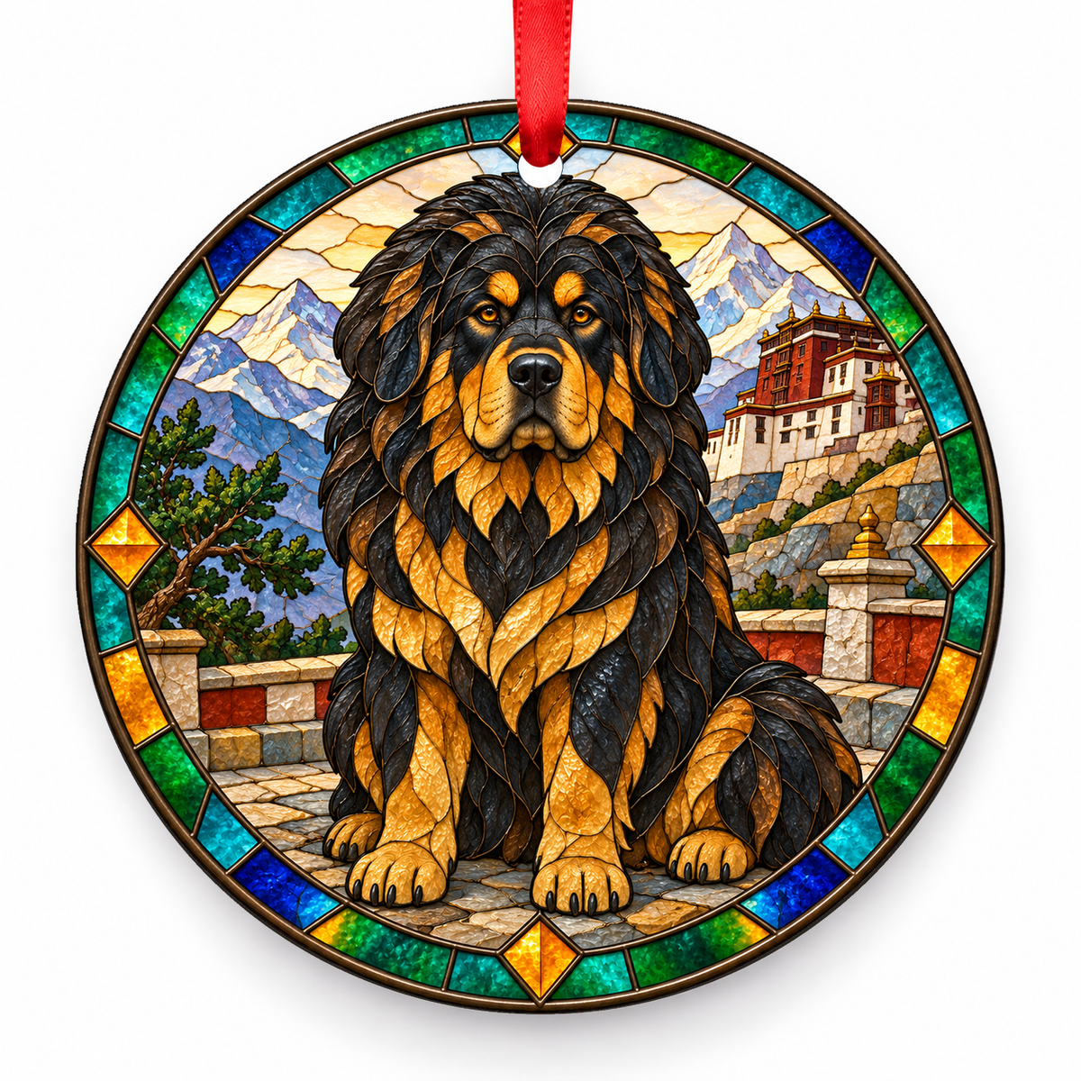 Black and Tan Tibetan Mastiff stained glass style porcelain Christmas ornament with red ribbon