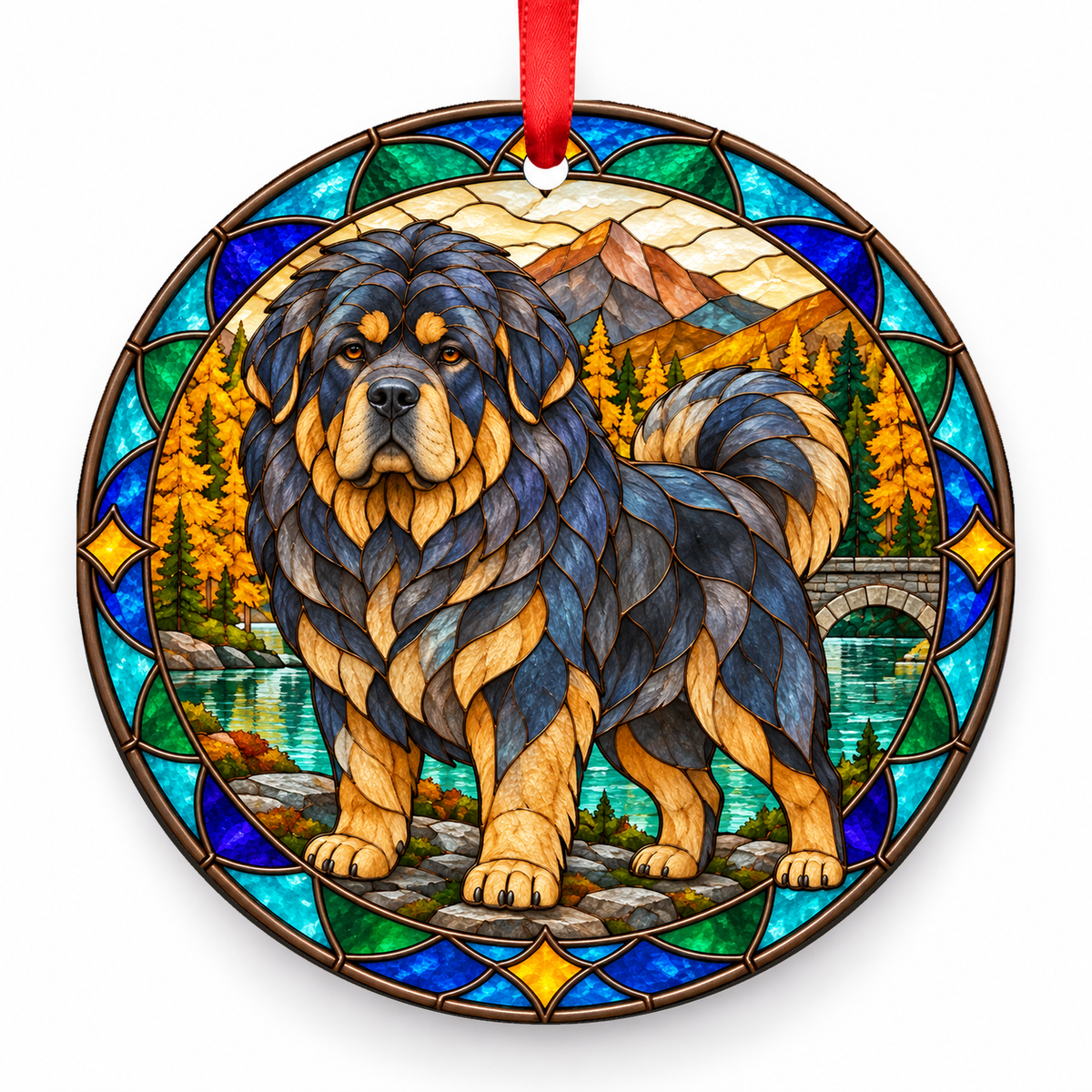 Blue and Tan Tibetan Mastiff stained glass style porcelain Christmas ornament with red ribbon