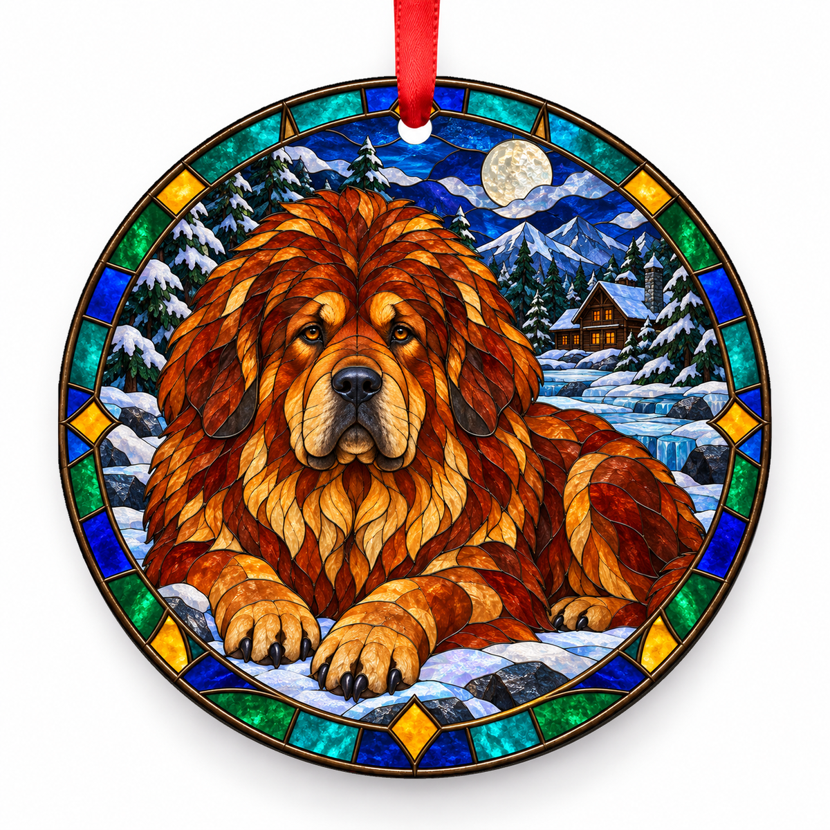 Red and Gold Tibetan Mastiff stained glass style porcelain Christmas ornament with red ribbon