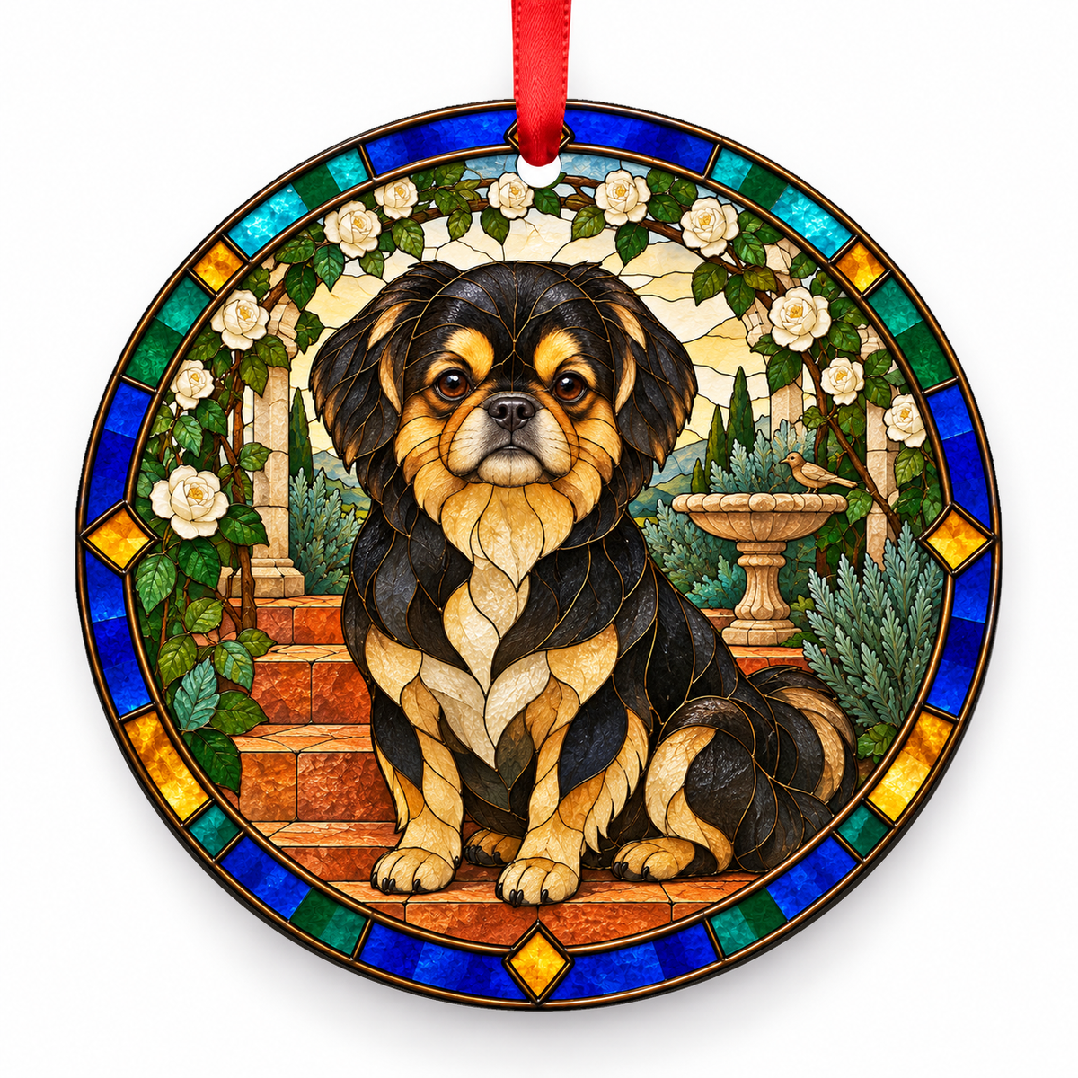 Black and Tan Tibetan Spaniel stained glass style porcelain Christmas ornament with red ribbon