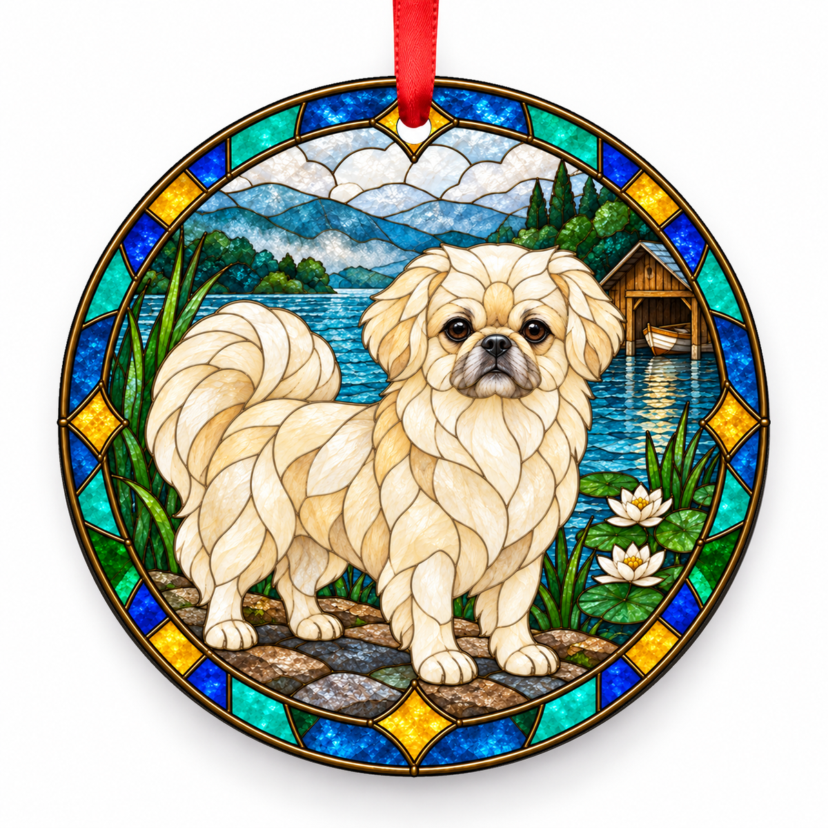 Cream Tibetan Spaniel stained glass style porcelain Christmas ornament with red ribbon
