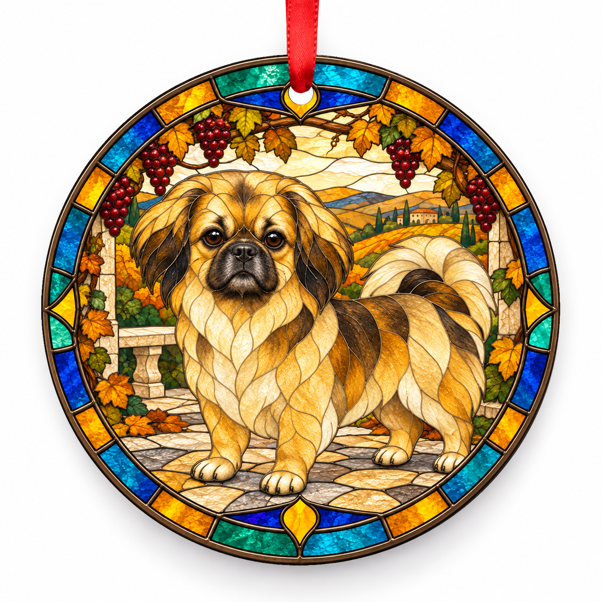 Sable Tibetan Spaniel stained glass style porcelain Christmas ornament with red ribbon