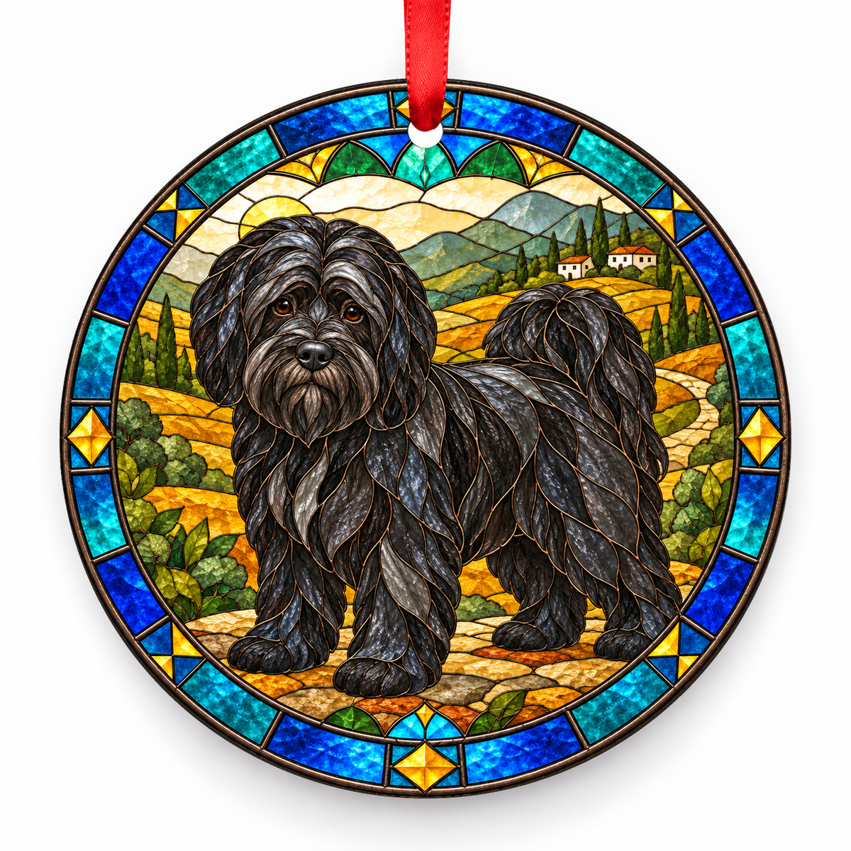 Black Tibetan Terrier stained glass style porcelain Christmas ornament with red ribbon