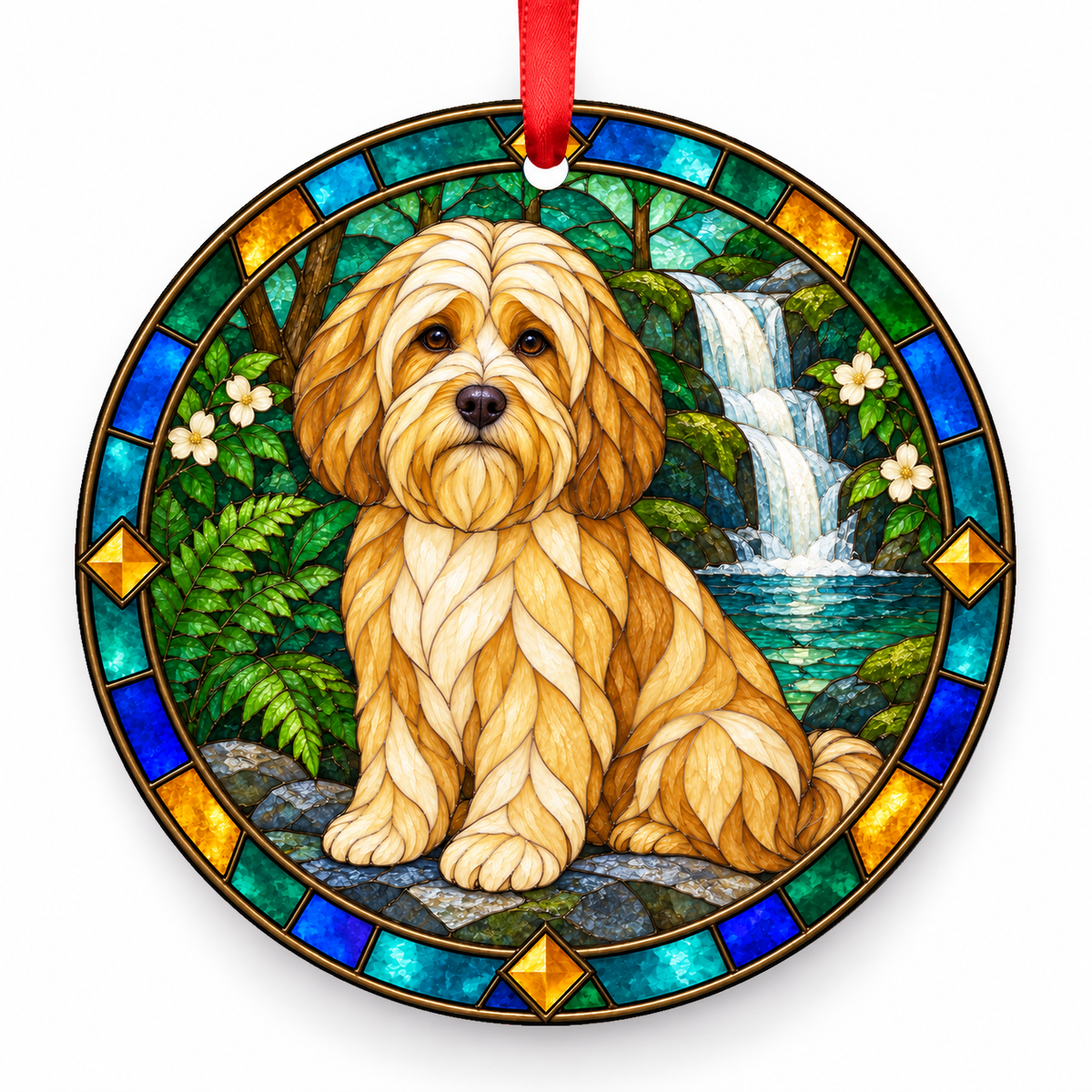 Gold Tibetan Terrier stained glass style porcelain Christmas ornament with red ribbon