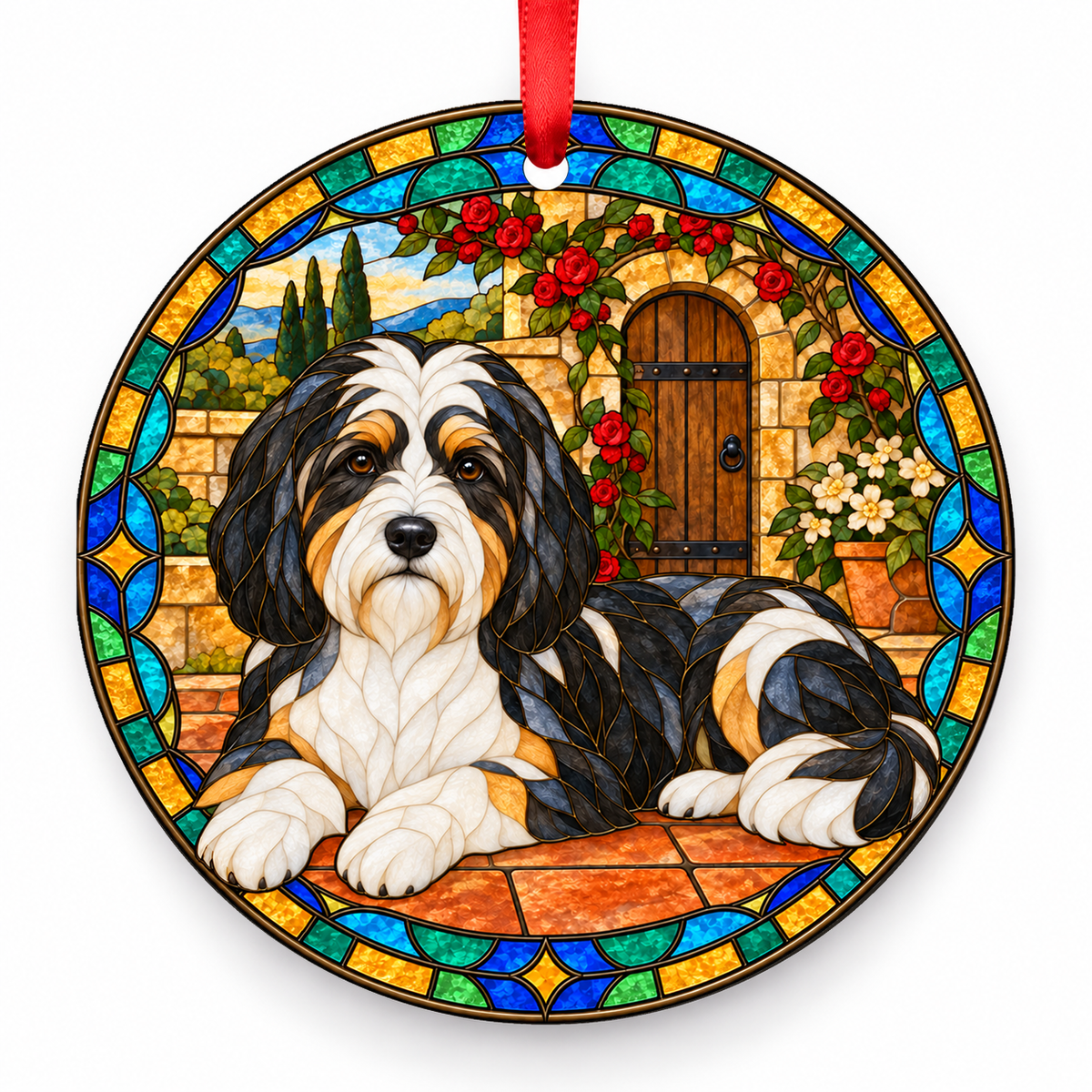 Tricolor Tibetan Terrier stained glass style porcelain Christmas ornament with red ribbon