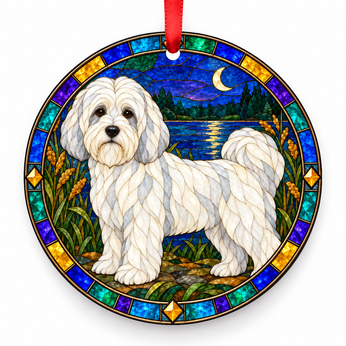 White Tibetan Terrier stained glass style porcelain Christmas ornament with red ribbon