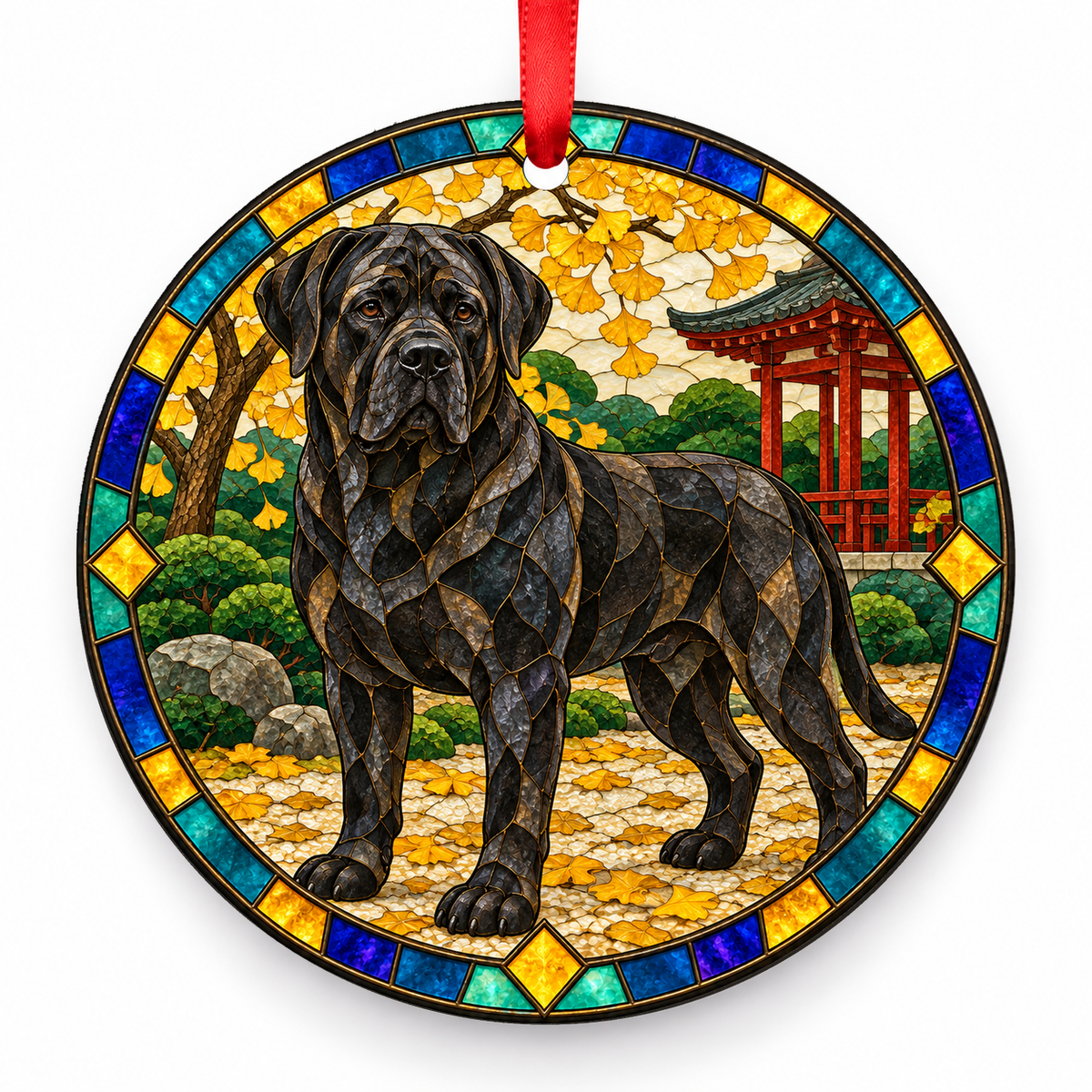 Black Tosa stained glass style porcelain Christmas ornament with red ribbon