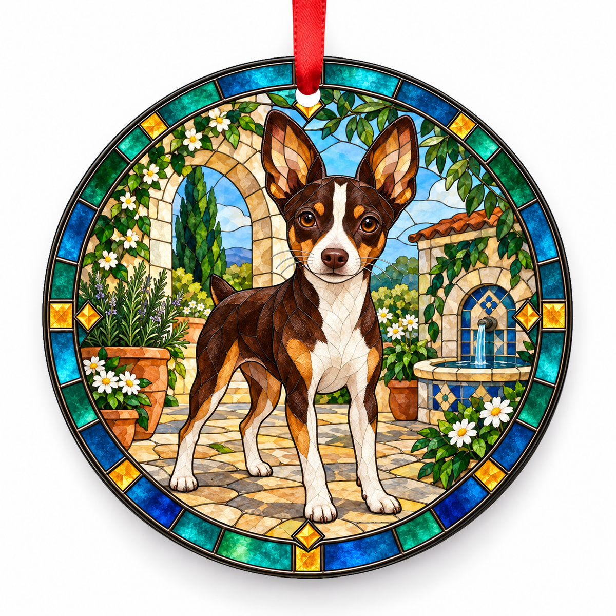 Chocolate Tricolor Toy Fox Terrier stained glass style porcelain Christmas ornament with red ribbon