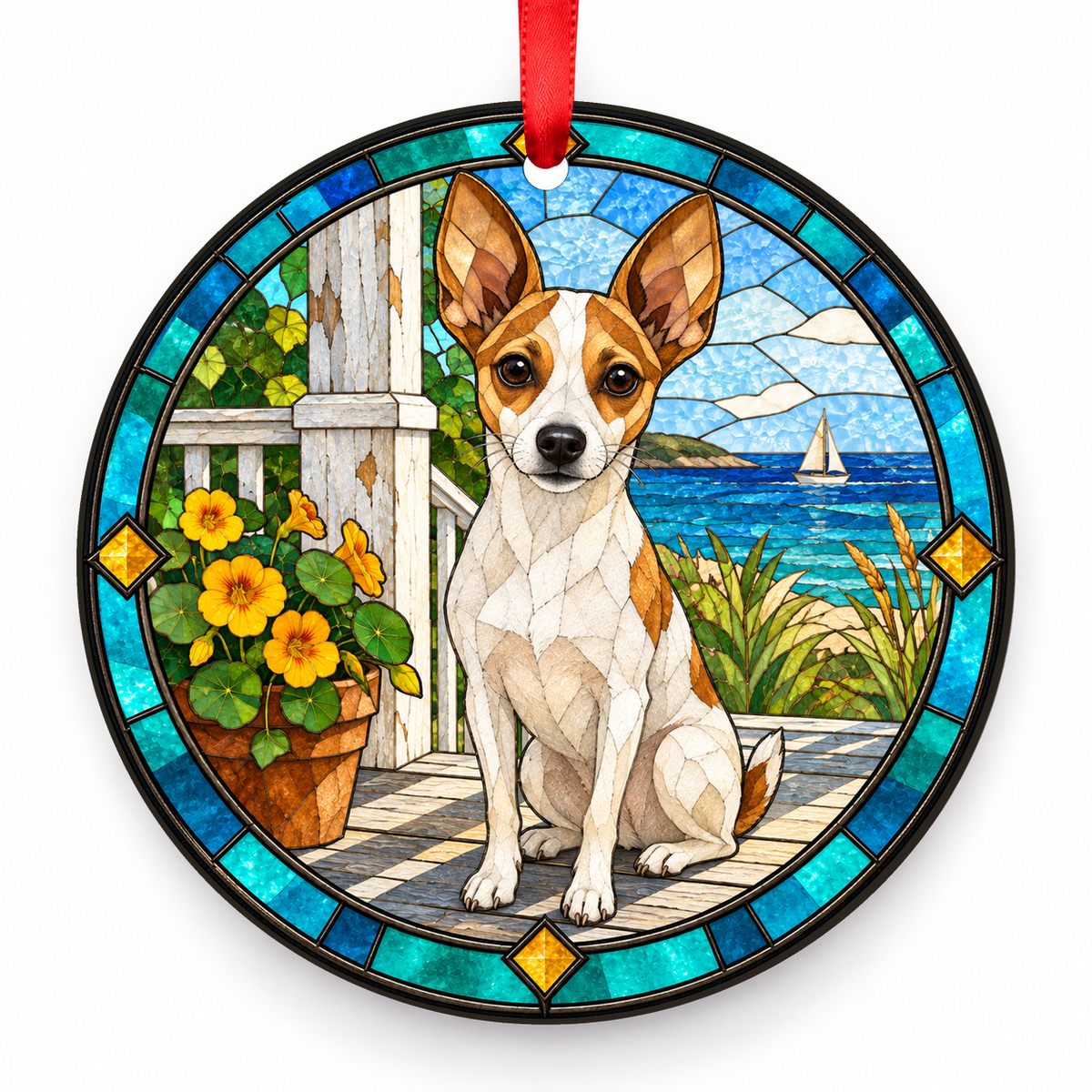 White and Tan Toy Fox Terrier stained glass style porcelain Christmas ornament with red ribbon