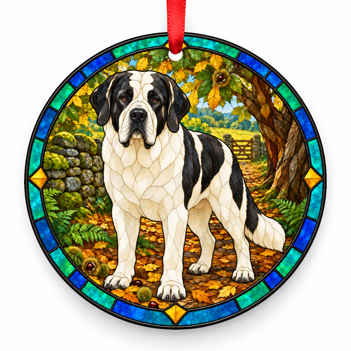 White and Black Transmontano Mastiff stained glass style porcelain Christmas ornament with red ribbon