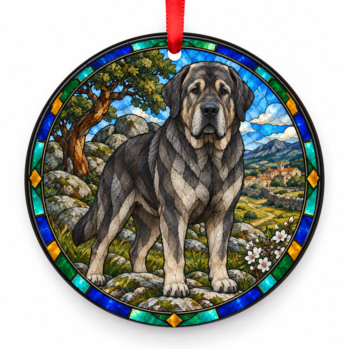 Wolf Gray Transmontano Mastiff stained glass style porcelain Christmas ornament with red ribbon