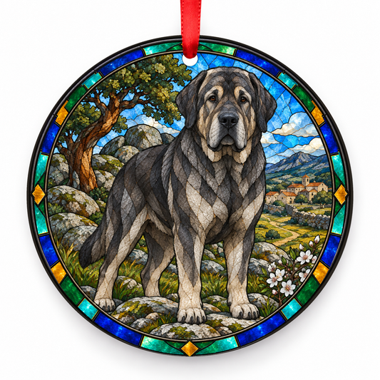 Wolf Gray Transmontano Mastiff stained glass style porcelain Christmas ornament with red ribbon