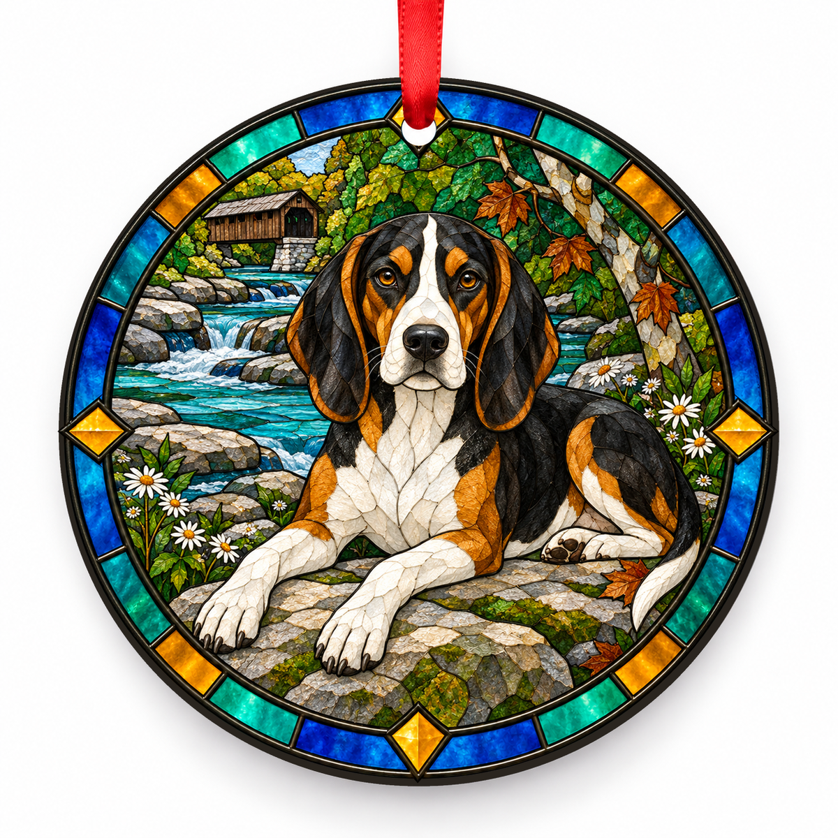 Black Blanket Tricolor Treeing Walker Coonhound stained glass style porcelain Christmas ornament with red ribbon