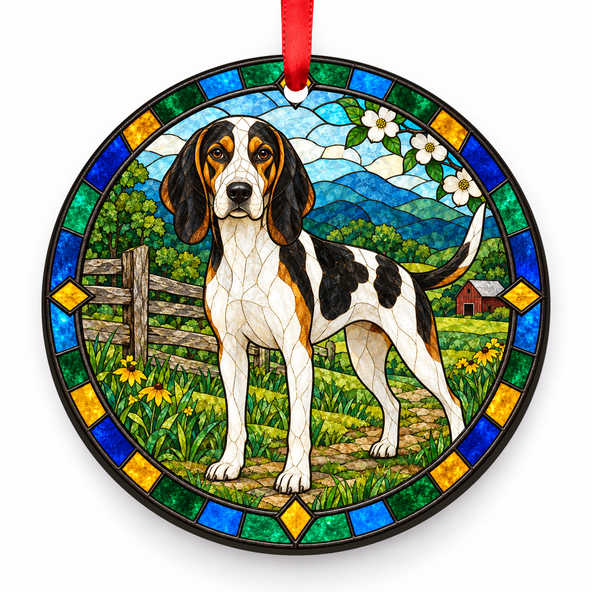 Open Spotted Tricolor Treeing Walker Coonhound stained glass style porcelain Christmas ornament with red ribbon