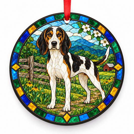 Open Spotted Tricolor Treeing Walker Coonhound stained glass style porcelain Christmas ornament with red ribbon