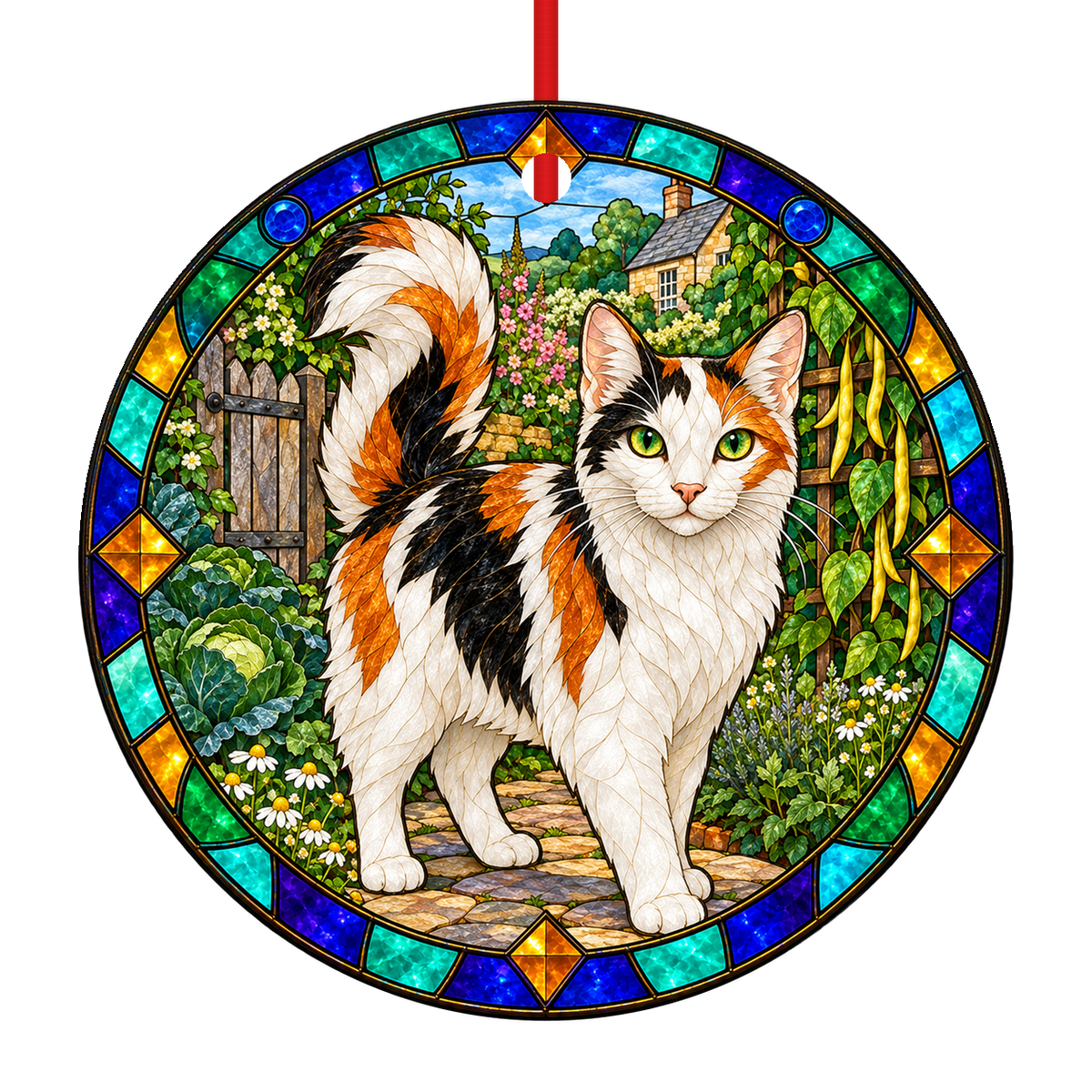 ORN-11438 Turkish Angora Calico stained glass ornament mockup