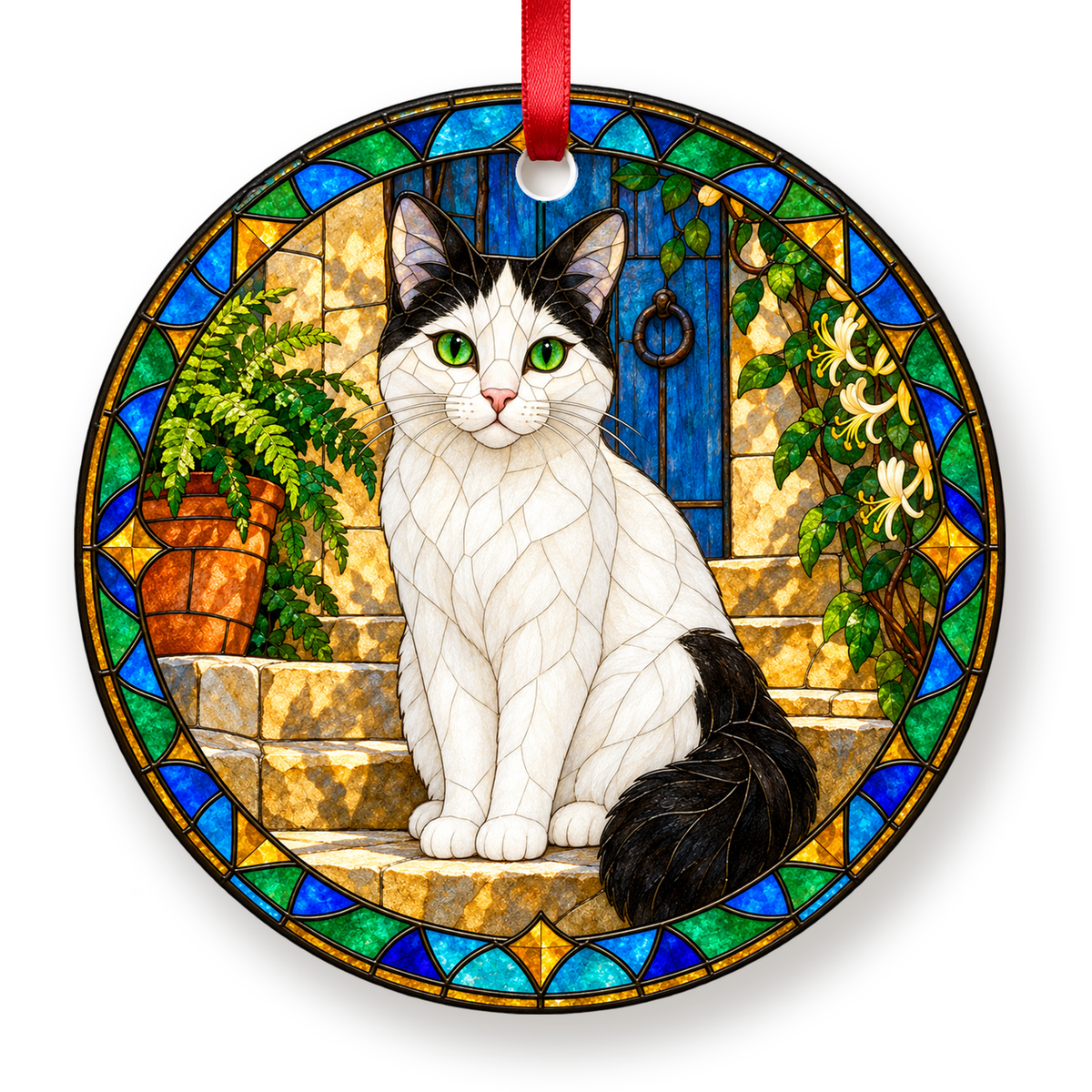 Turkish Van black and white stained glass style porcelain Christmas ornament with red ribbon