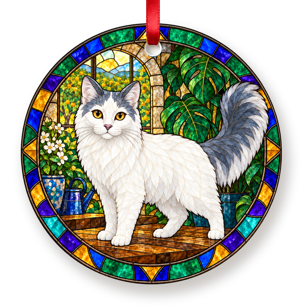 Turkish Van blue and white stained glass style porcelain Christmas ornament with red ribbon