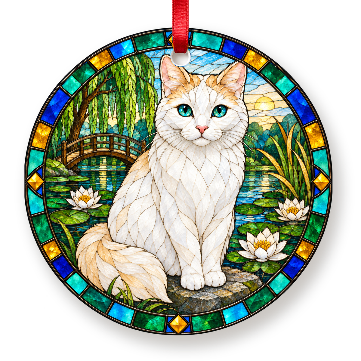 Turkish Van cream and white stained glass style porcelain Christmas ornament with red ribbon