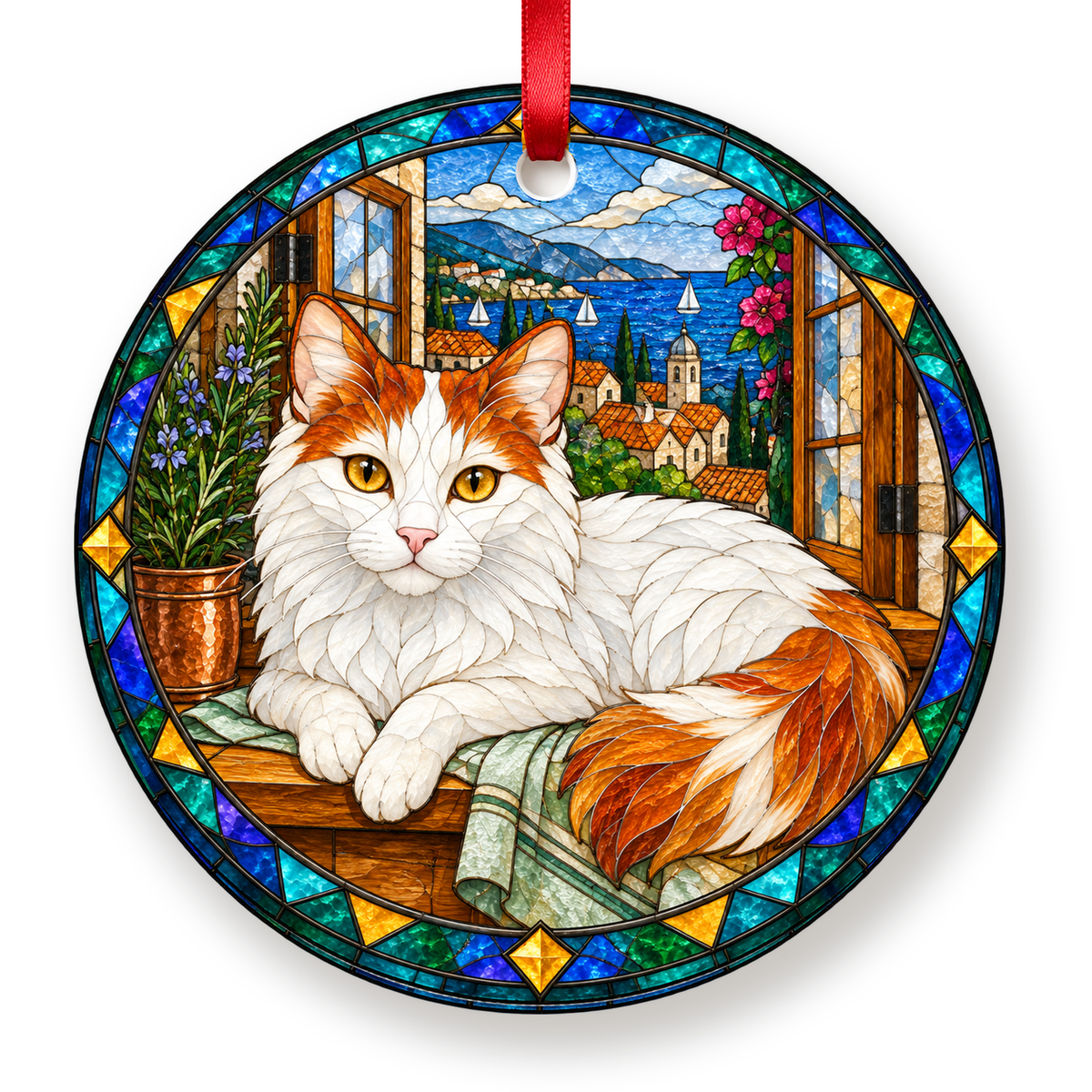Turkish Van red and white stained glass style porcelain Christmas ornament with red ribbon