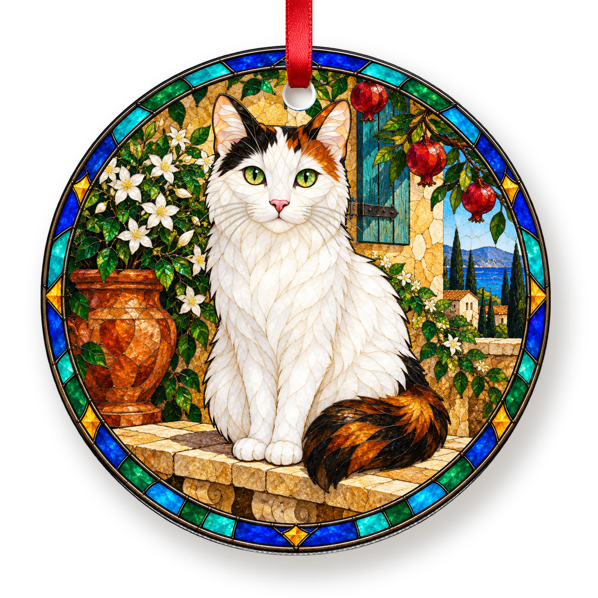 Turkish Van tortie and white stained glass style porcelain Christmas ornament with red ribbon