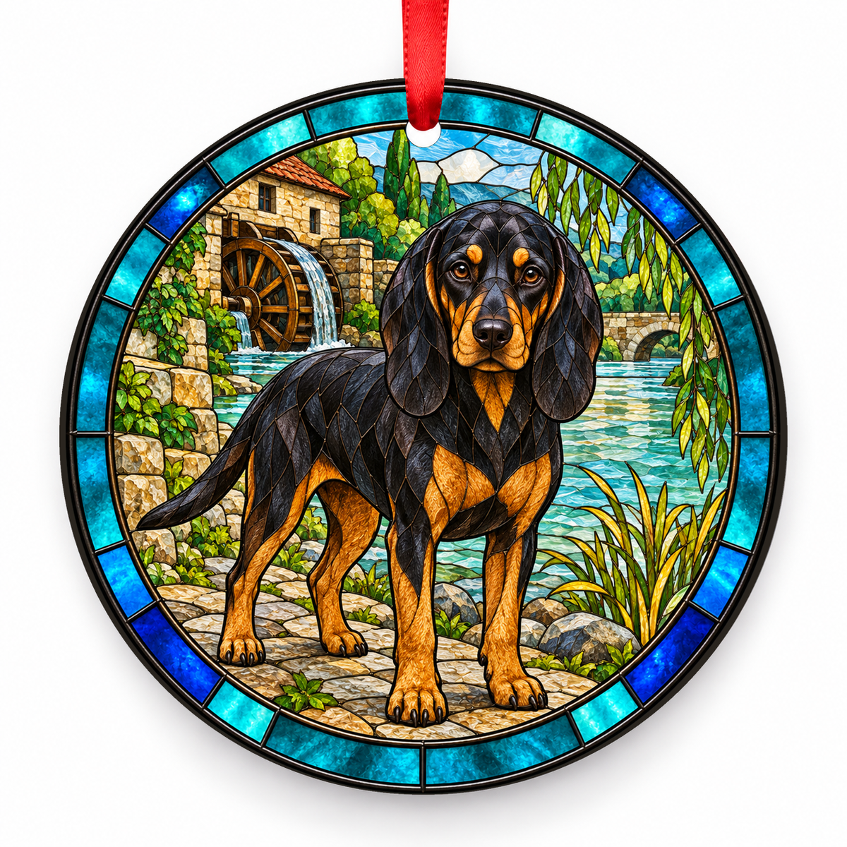 Black and Tan Tyrolean Hound stained glass style porcelain Christmas ornament with red ribbon