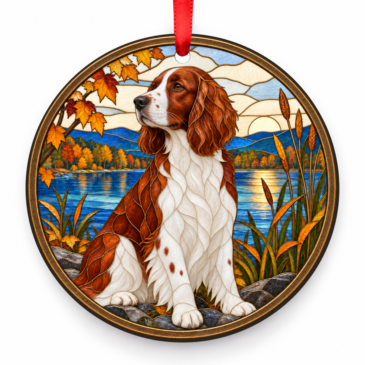 Red and White Welsh Springer Spaniel stained glass style porcelain Christmas ornament with red ribbon