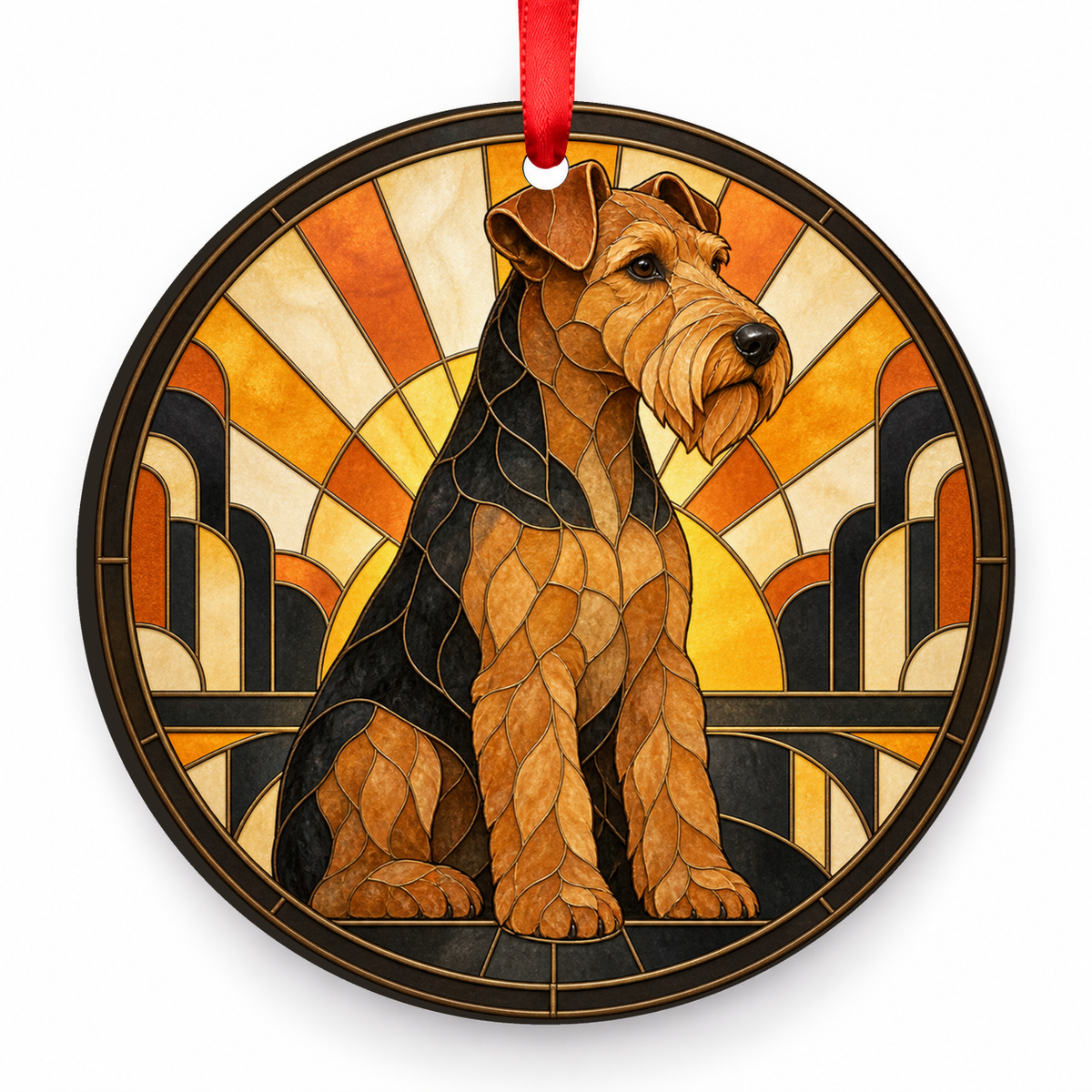 Black and Tan Welsh Terrier stained glass style porcelain Christmas ornament with red ribbon