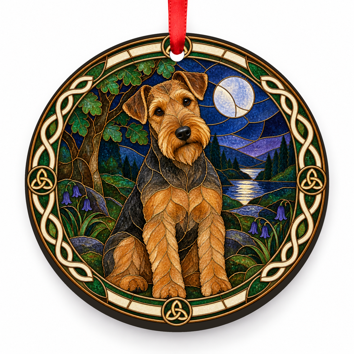 Grizzle and Tan Welsh Terrier stained glass style porcelain Christmas ornament with red ribbon