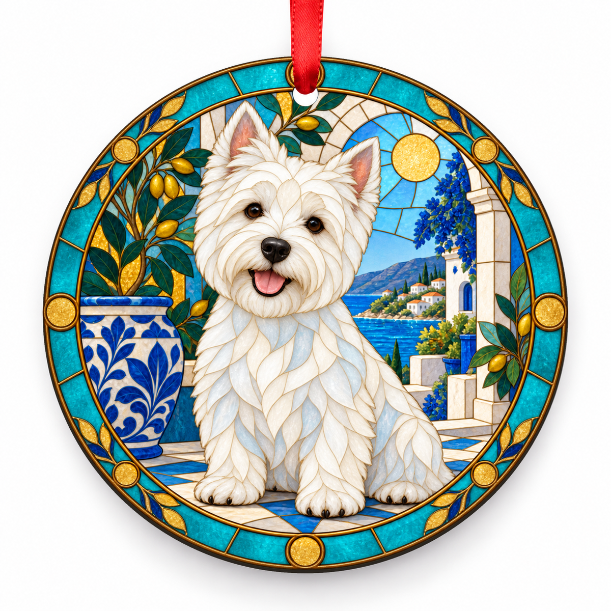 White West Highland White Terrier stained glass style porcelain Christmas ornament with red ribbon