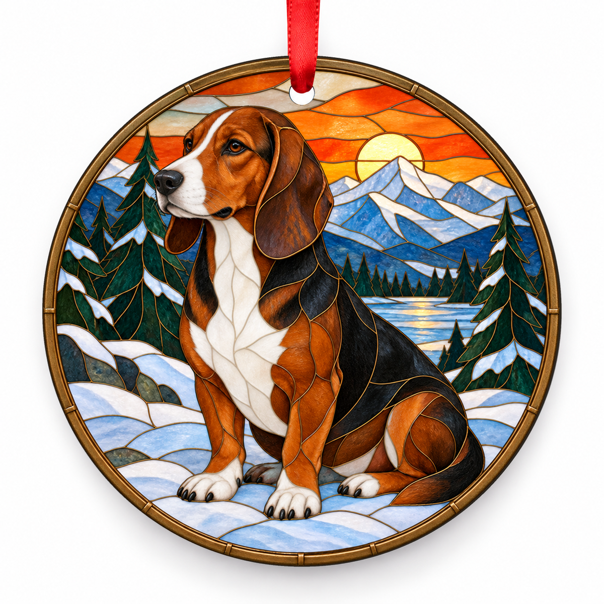 Tricolor Westphalian Dachsbracke stained glass style porcelain Christmas ornament with red ribbon