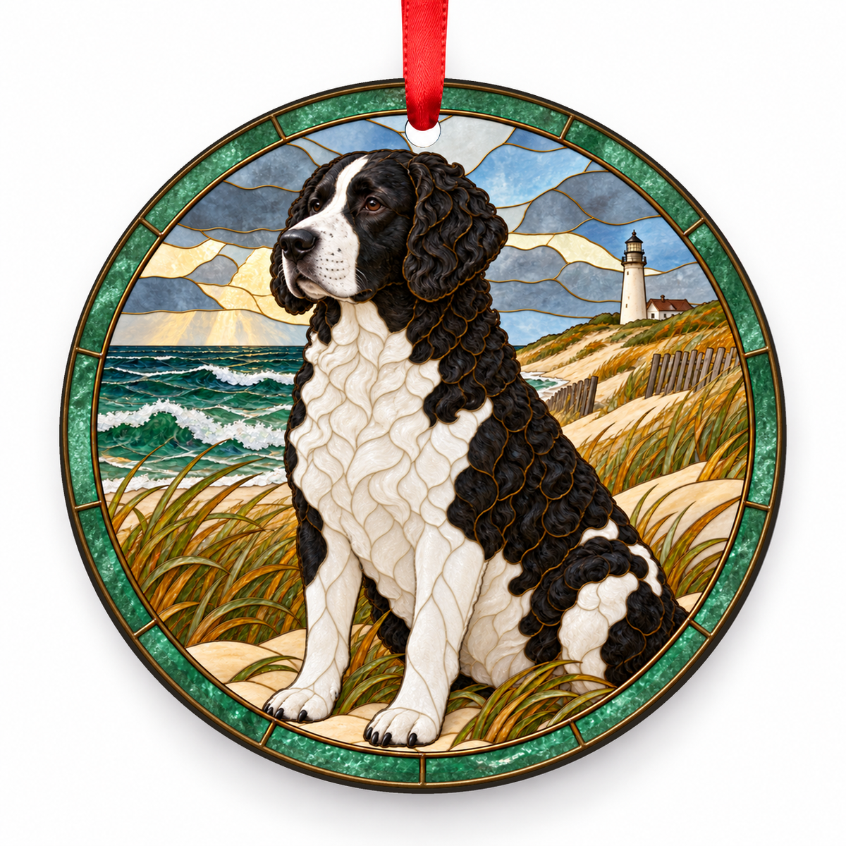 Black and White Wetterhoun stained glass style porcelain Christmas ornament with red ribbon