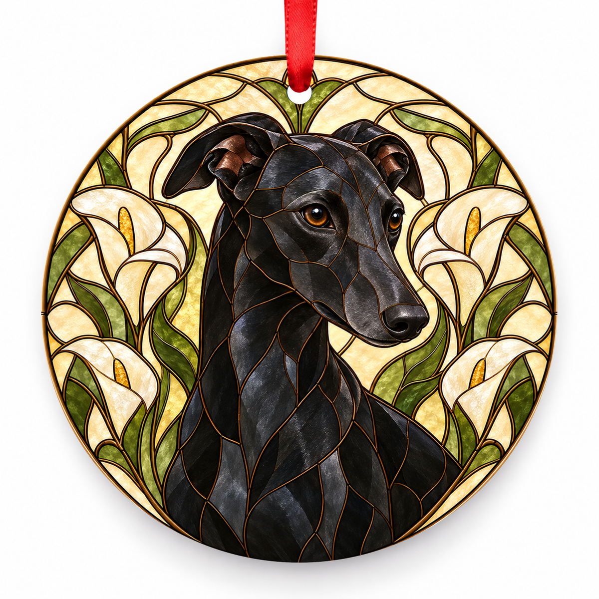 Black Whippet stained glass style porcelain Christmas ornament with red ribbon