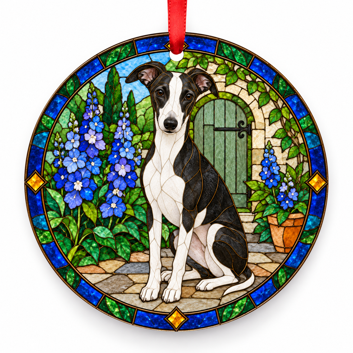 Black and White Whippet stained glass style porcelain Christmas ornament with red ribbon
