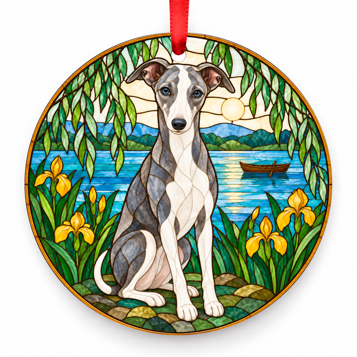 Blue and White Whippet stained glass style porcelain Christmas ornament with red ribbon
