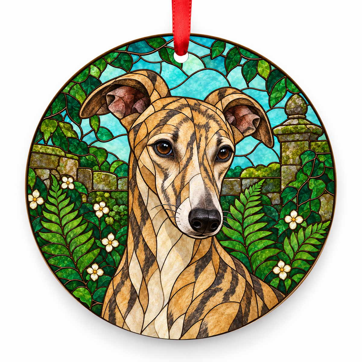 Brindle Whippet stained glass style porcelain Christmas ornament with red ribbon