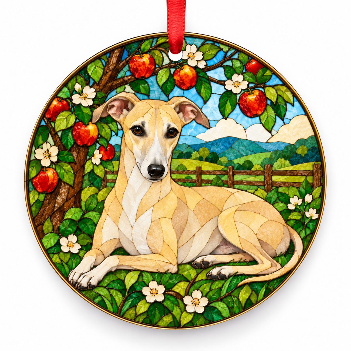 Fawn Whippet stained glass style porcelain Christmas ornament with red ribbon