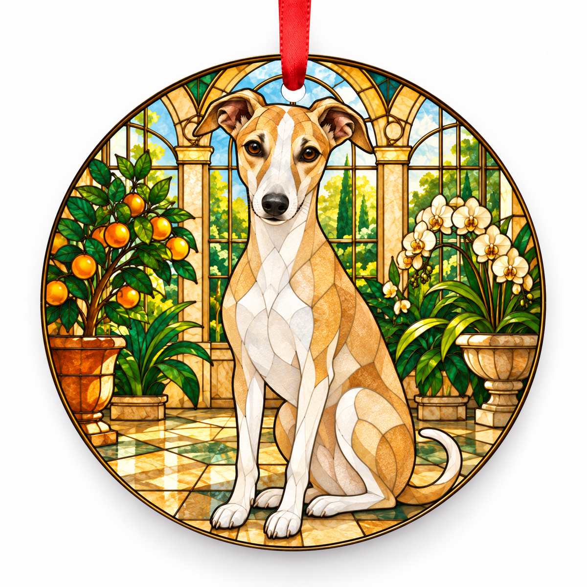 Fawn and White Whippet stained glass style porcelain Christmas ornament with red ribbon